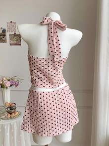 Comfortcana Women's 1960s Cute Vintage Pink And Black Polka Dot Summer Vacation 2-Piece Set,Textured Ruched Halter Neck Tie Waist Top And Skirt,Beach Vacation - Pink - View 2