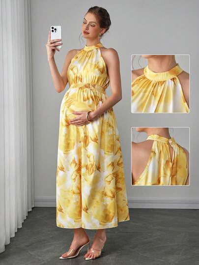 Momance Maternity Floral Print Halter Waist Tie Maxi Dress