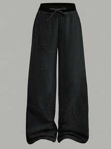 SHEIN Serisse Kids 少女日常休闲基本款100%纯棉弹力腰阔腿裤，返校季 - 黑色 - 查看 4