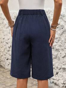 SHEIN LUNE Women's Chic Elegant Navy Blue 100 Percent Cotton Slant Pocket Bermuda Shorts, Summer Vacation Casual Solid Color Half Pants Daily Wear - Blue - View 2