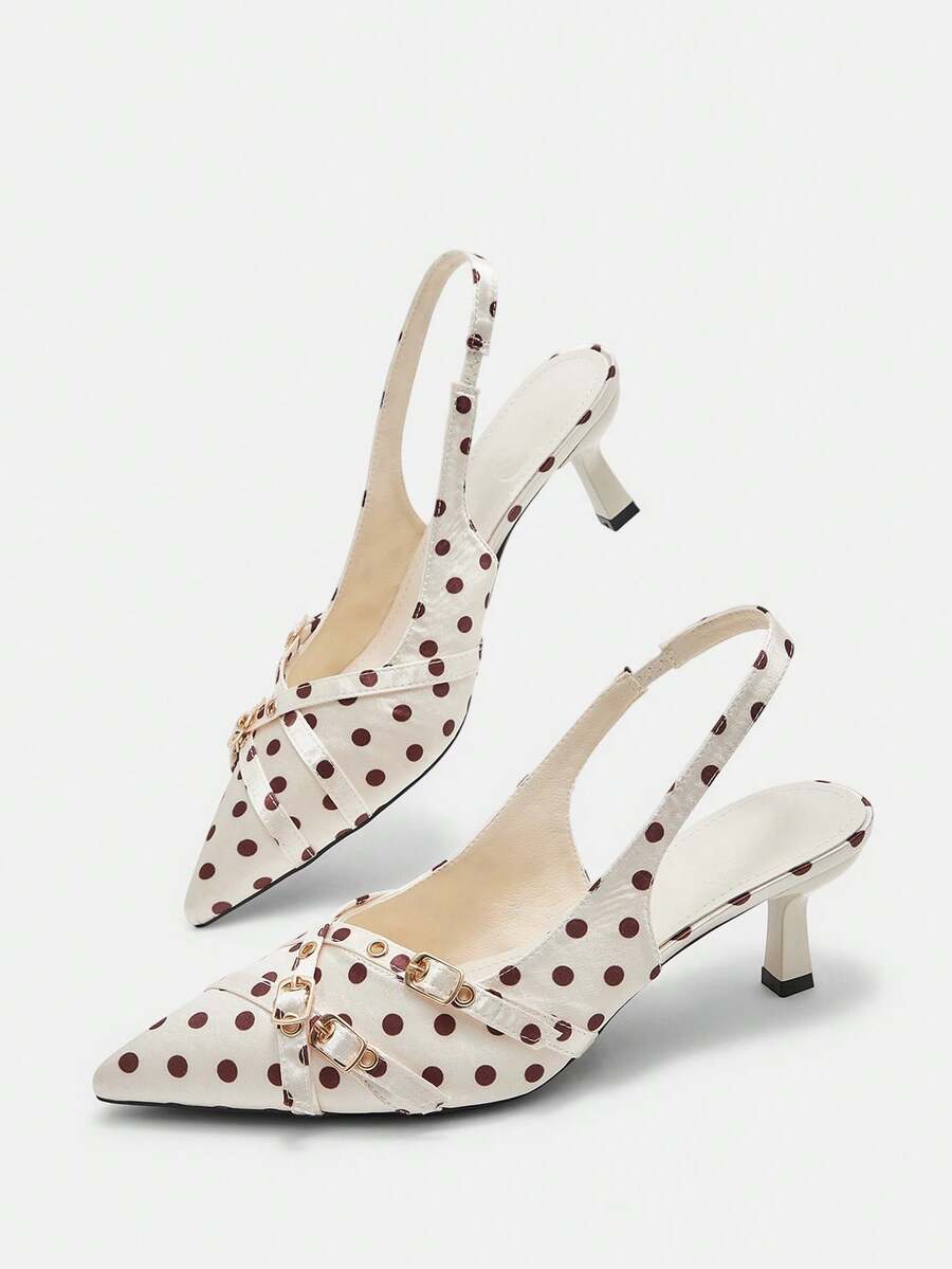 CUCCOO CURVES Giày sandal cao gót mũi nhọn bản rộng, màu đen satin thanh lịch, có quai hậu, phù hợp mọi mùa, thích hợp cho kỳ nghỉ xuân, lễ Phục sinh, Giáng sinh và Ngày Valentine. - Điểm tròn màu đen gạo - Xem 1