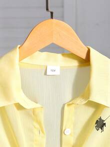 SHEIN Girls' Casual Solid Color Minimalist Collared Long Sleeve Lantern Sleeve Printed Blouse With Knotted Hem, Lightweight Summer Shirt For Everyday Wear - Yellow - View 3