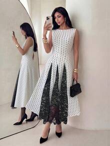 Modelyn Đầm nữ màu mơ dệt chấm bi, cổ môi, không tay, dáng chữ A, phối ren, thanh lịch, lãng mạn, dài ngang gối, thích hợp cho mùa xuân/hè. - Màu be - Xem 7