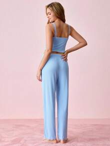 Chi tiết nút trang trí ren Nút thắt Bộ PJ phía trước / Bộ Pajama - Màu xanh nhạt - Xem 2