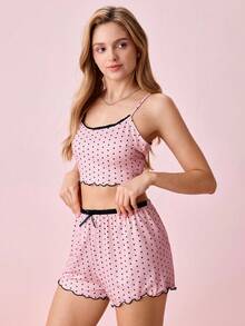 Bộ PJ/Bộ Pajama In Chấm Bi Xà Lách Viền Nơ Phía Trước - Bụi hồng - Xem 5