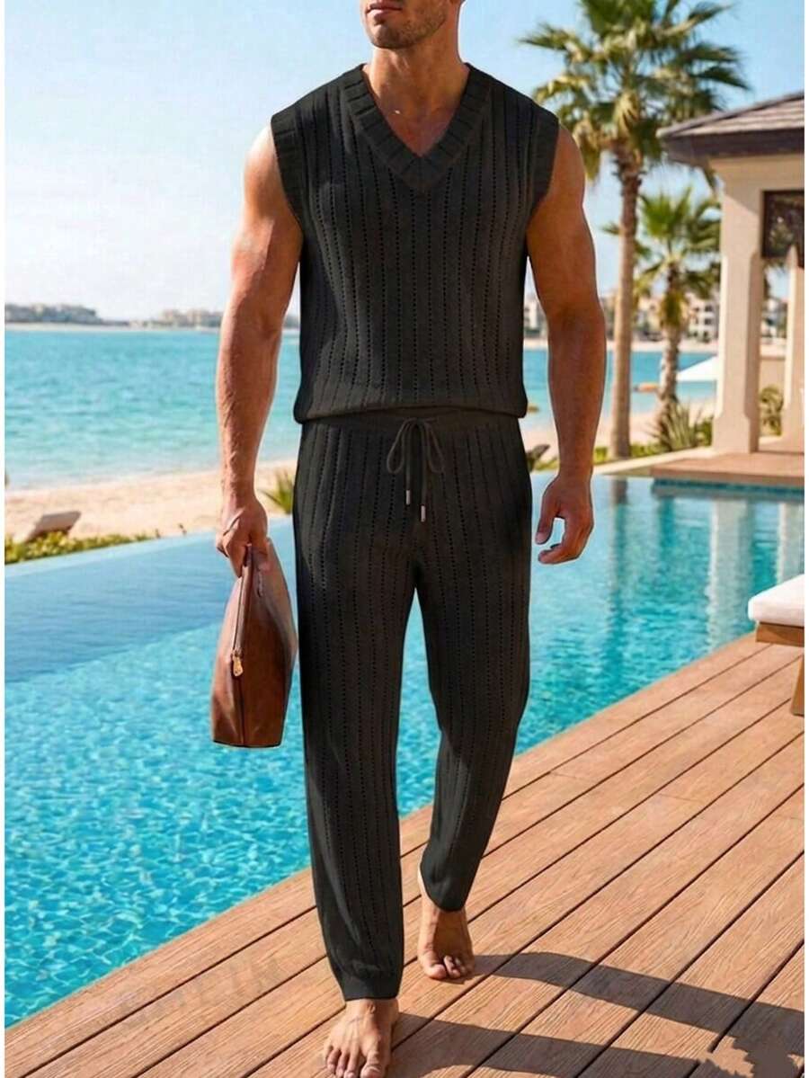 Genlund 男士V领罗纹针织背心和打结针织裤套装 - 黑色 - 查看 1