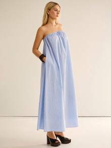 SURIMA Women Blue And White Stripe Strapless Maxi Dress With Pockets, Summer Casual Tropical Vacation Holiday Elegant Dresses Beach - Blue - View 4