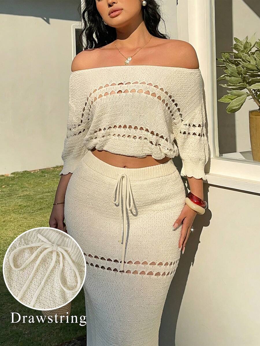 Sunnyshic Plus Size Women's Elegant, Sexy, Bohemian Style Off-Shoulder, Hollow-Out, Ruffle, Cinched Waist Short Knit Top And Drawstring Tie, Straight, Slimming Long Skirt Set, Suitable For Dates, Festivals, Picnics, Photoshoots, Vacations Now Trending Outfits For Women 2 Piece Two Piece Casual Sets Knitwear 2 Piece Zoey Outfit Daily Wear Casual Vacation Cruise Travel Beach Sunbathing - Apricot - View 1