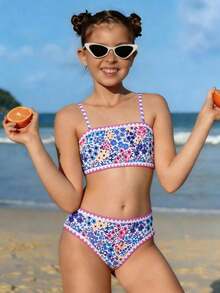 SHEIN 少女碎花抹胸比基尼套装，适合度假、复古、海滩、海洋等场合，优雅可爱 - 紫色 - 查看 1