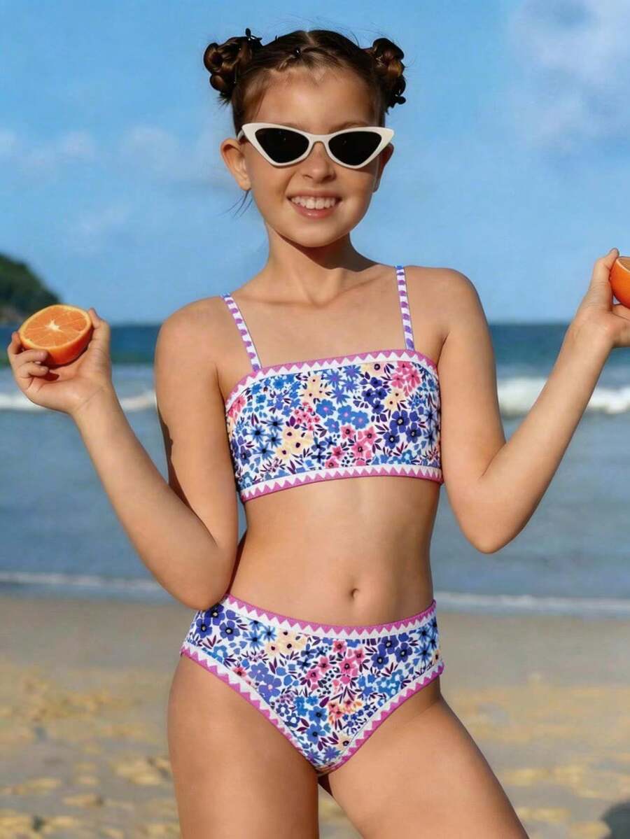 SHEIN 少女碎花抹胸比基尼套装，适合度假、复古、海滩、海洋等场合，优雅可爱 - 紫色 - 查看 1