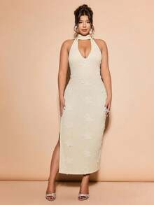 Cravure Elegant Scarf Neck V-Neck Bodycon Floral Dress, Plus Size - Apricot - View 5