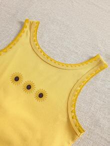 雏菊图案刺绣女士圆领吊带衫 - 芥末黃 - 查看 4