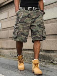 Manfinity EMRG Quần short denim cargo nam kiểu dáng casual, nhiều túi, họa tiết rằn ri, chất liệu móc len, phong cách đường phố. - xanh quân đội - Xem 4