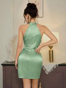 Poshira Women's Sequin Patchwork Stand Collar Front Ruched Bodycon Party Dress - Green - View 2