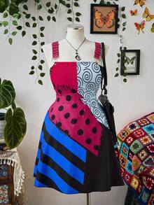Sunspun Plus Size Women Summer Fashion Vacation Style Patchwork Printed Criss-Cross Backless Strap Dress - Multicolor - View 8