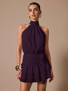SHEIN BAE Vestido corto sin mangas con volantes en el bajo, de unicolor. Vestido mini elegante, dulce y lindo, adecuado para citas románticas, fiestas, reuniones formales, vestidos de dama de honor, vestidos de verano, vestidos de té, Año Nuevo, Día de San Valentín, vestido de cumpleaños, vestido rosa - Rojo violeta - Ver 6