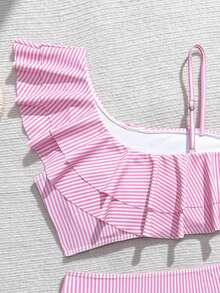 SHEIN 少女条纹比基尼套装，休闲度假 - 粉色 - 查看 4