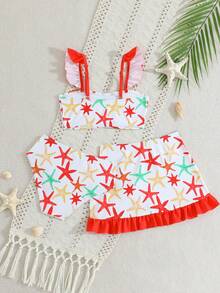 Bộ đồ bơi in họa tiết cho bé gái (cỡ nhỏ), viền bèo nhún, 3 món. - Đỏ - Xem 2