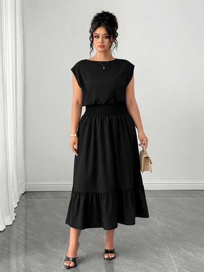 Elenzga Đầm nữ cỡ lớn mùa hè, kiểu dáng thường ngày, đi nghỉ mát, màu trơn, tay ngắn, eo thắt