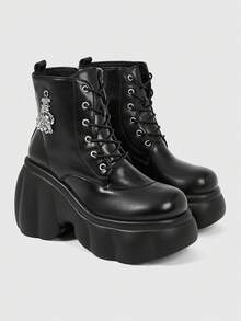 ROMWE Grunge Punk Giày sandal cao gót nữ ~ Thời trang mới 2026 Thu Đông phong cách Punk, chất liệu PU tối màu, mũi tròn, gót cao, đế xuồng, đế dày, buộc dây, bốt ngắn. - màu đen - Xem 3