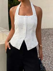 DAZY Áo khoác vest mùa hè thanh lịch dành cho nữ, kiểu dáng thắt eo, cổ yếm, hở lưng, đính sequin và thêu họa tiết, thích hợp buộc dây, chất liệu cao cấp. - trắng - Xem 1