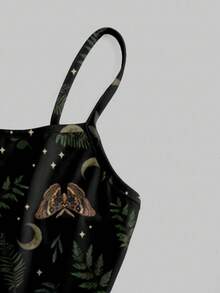 Spring Valentine's Day Vacation Black Gothic Goth Dark Forest Moth Butterfly Leaf Sun Moon Star Print Mini Dress, Green & Black - Black - View 3
