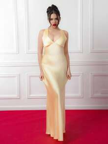 Criza Taa Sexy Minimalist Solid Color Yellow/Cream Deep V-Neck Sleeveless Backless Tie Maxi Dress, Suitable For Party, Cocktail, Formal Occasions, Bridesmaid, Birthday, Christmas, Business Casual Open Back Dresses Yellow Wedding Guest Dress,Dresses For Women Elegant,Valentine's Day,Valentine Outfits For Women - Light Yellow - View 5