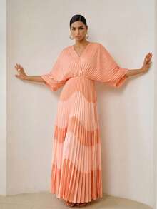 ZEYLAH WOMEN'S ROMANTIC ELEGANT BATWING SLEEVE PLEATED DRESS, SPRING/SUMMER - Pink - View 1