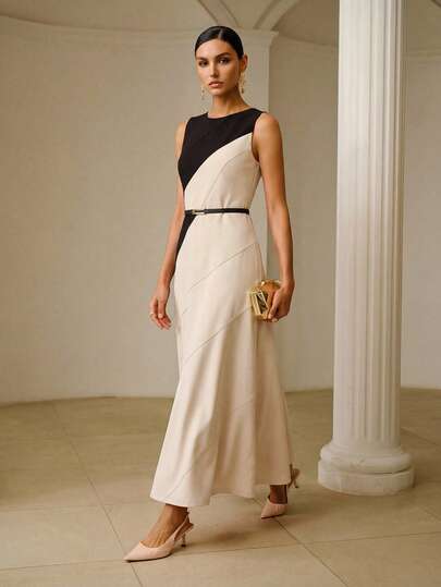 ZEYLAH 无袖圆领撞色腰带修身A字连衣裙，通勤时尚之选