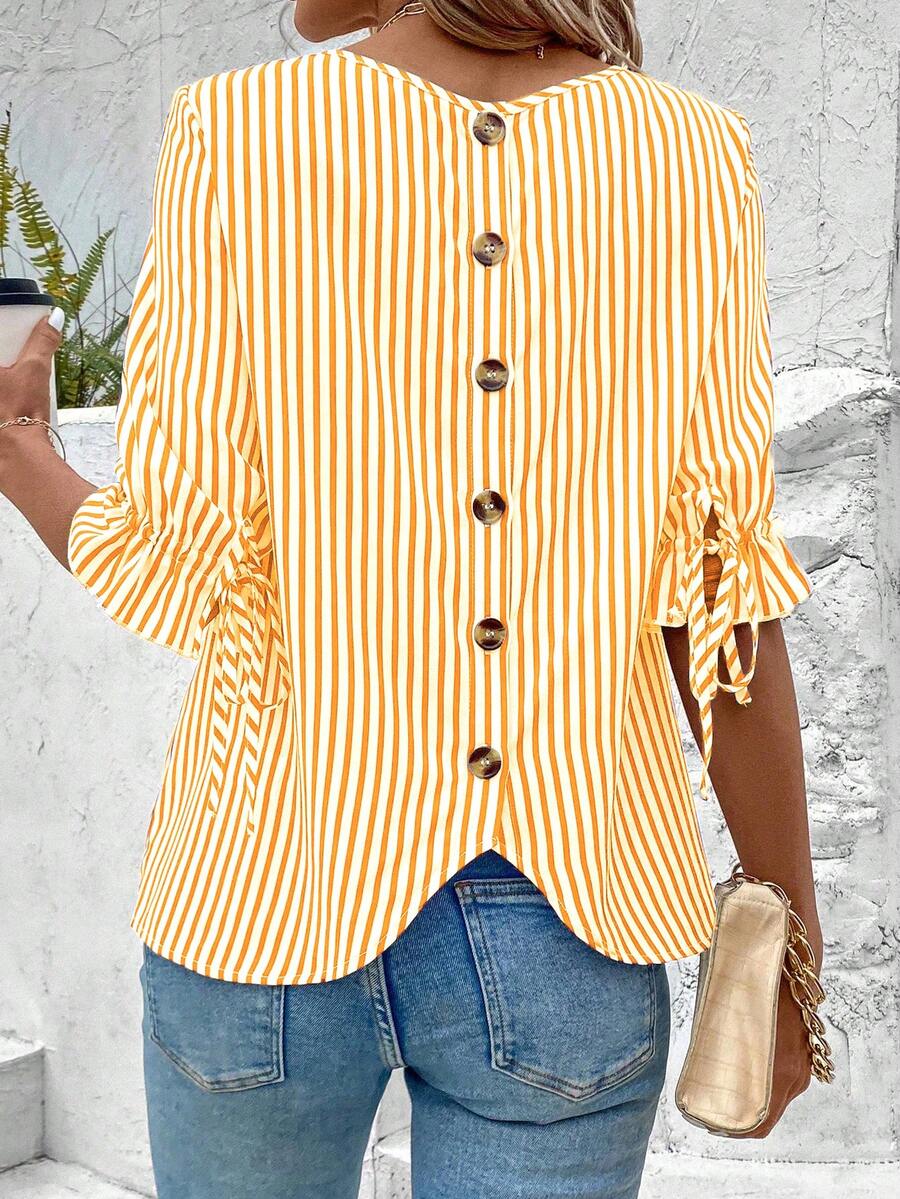 EMERY ROSE Women's Casual Striped 3/4 Sleeve Shirt For Summer - Orange - View 1