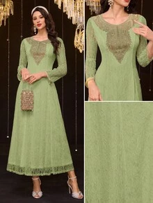 Al Najma Đầm maxi Thổ Nhĩ Kỳ dành cho nữ và áo abaya truyền thống Ả Rập. - màu xanh lá - Xem 2