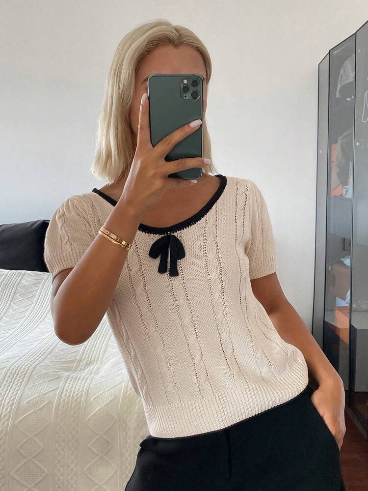Color Block Bow Tie Short Sleeve Fitted Round Neck Casual Vacation Summer Lightweight Knit Sweater Top For Women