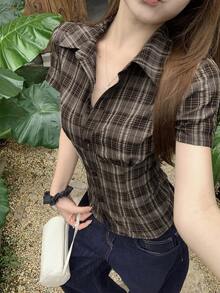 DAZY 纯色翻领修身短袖白色女式衬衫 - 粉色 - 查看 3