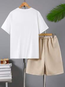 SHEIN Vacaura 2pcs/Set Teenage Boys' Colorblock Letter Splice Round Neck Short Sleeve T-Shirt And 3D Letter Outdoor Casual Sports Shorts, Summer - Apricot - View 2