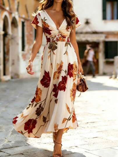 SHEIN Đầm voan dài ngang gối kiểu Pháp cổ điển in họa tiết, cổ chữ V, eo thắt, chất liệu chiffon, thanh lịch, thích hợp cho kỳ nghỉ hè đi biển của phụ nữ.