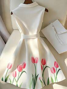 SHEIN Franclia 女士无袖修身郁金香印花纽扣衬衫裙 - 白色 - 查看 2