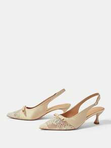 CUCCOO HITCHD Giày nữ, giày cao gót màu mơ, ren satin, kiểu slingback, có nơ, thích hợp cho tiệc tùng, đám cưới hoặc làm phù dâu. - Màu be - Xem 9