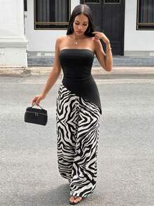 Slaydiva Summer Elegant Vacation Tube Top And Loose Wavy Pattern Pants Set - A - Black and White - View 4