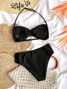 SHEIN Teen Girl Solid Color Strapless Tie Metallic Jewelry Bikini Set For Summer,Bathing Suit Set/Beach Outfit/Swim Suits Two Pieces/Bathing Teens - Black - View 2