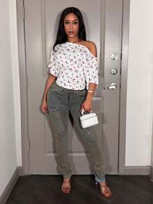 Slaydiva 春夏新款休闲露肩宽松腰部褶皱白色T恤上衣/音乐节/西部风/游牧风/派对/泳池/性感度假装/邮轮旅行/海滩/日光浴/假期/约会/以及其他场合/优雅浪漫风/休闲简约基础风/Y2K/街头风/街头甜美风/网络红人热销款/日常约会/辣妹风/性感/夜店/返校/外出/嘻哈/网络爆款/颓废风/樱桃波点图案 - 彩色 - 查看 3