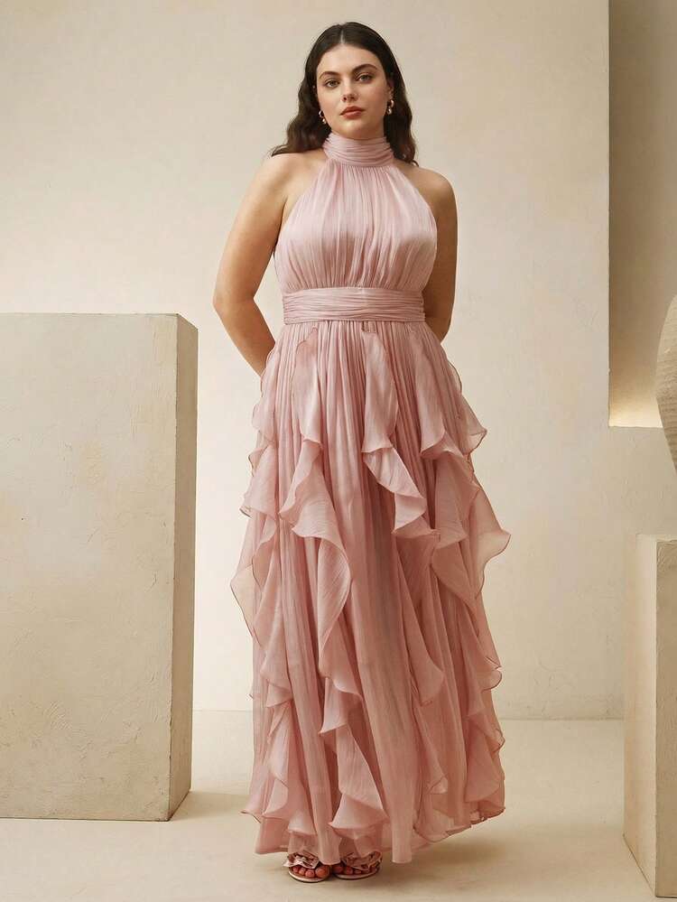 Plus Size Women's New Elegant Sleeveless Halter Long Dress, Waist Pleated Slimming Shiny Ruffle Hem Dress, Pink, Suitable For Party, Banquet, Gathering