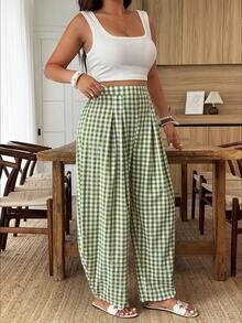 SHEIN LUNE Plus Size Women's Casual Vacation Pleated Plaid Pants, Suitable For Daily Wear And Vacation - Multicolor - View 3