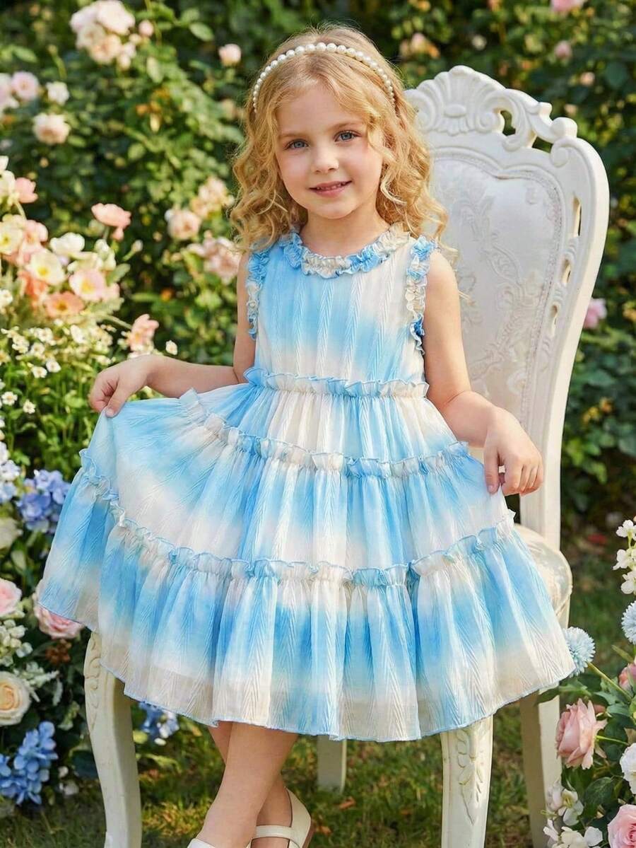 Elladie kids 女童夏季无袖连衣裙，时尚夏季雪纺公主裙，柔和蓝白扎染，褶皱面料，层叠荷叶边下摆，收腰设计，甜美活泼，适合春夏外出穿着 - 彩色 - 查看 1