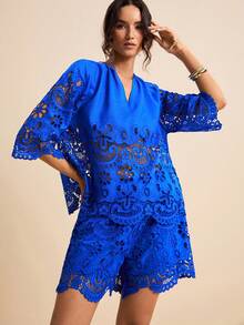 LOTSLUV Quần short nữ màu xanh hải quân thêu lỗ, có túi, thích hợp cho kỳ nghỉ xuân hè. - Xanh đậm - Xem 6