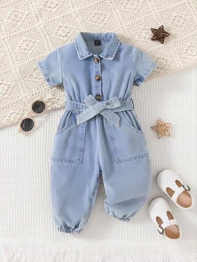 LMoss Kids Baby Girl Summer Light Washed Short Sleeve Casual Oblique Pocket Belt Comfortable Jumpsuit With Patched Pocket,Summer Vacation Concert Rave Festival Cute Two Pieces,Suitable For Summer Chill, School, Campus, College,Summer Clothes,Suitable For Spring And Summer Boho,Season Vintage/Beach/Sea/Elegant Graduation,Casual,Summer Holiday,Spring Clothes,Beach,Vacation,Valentine Day,Summer Holiday,Beach Vacation Holiday,Graduation