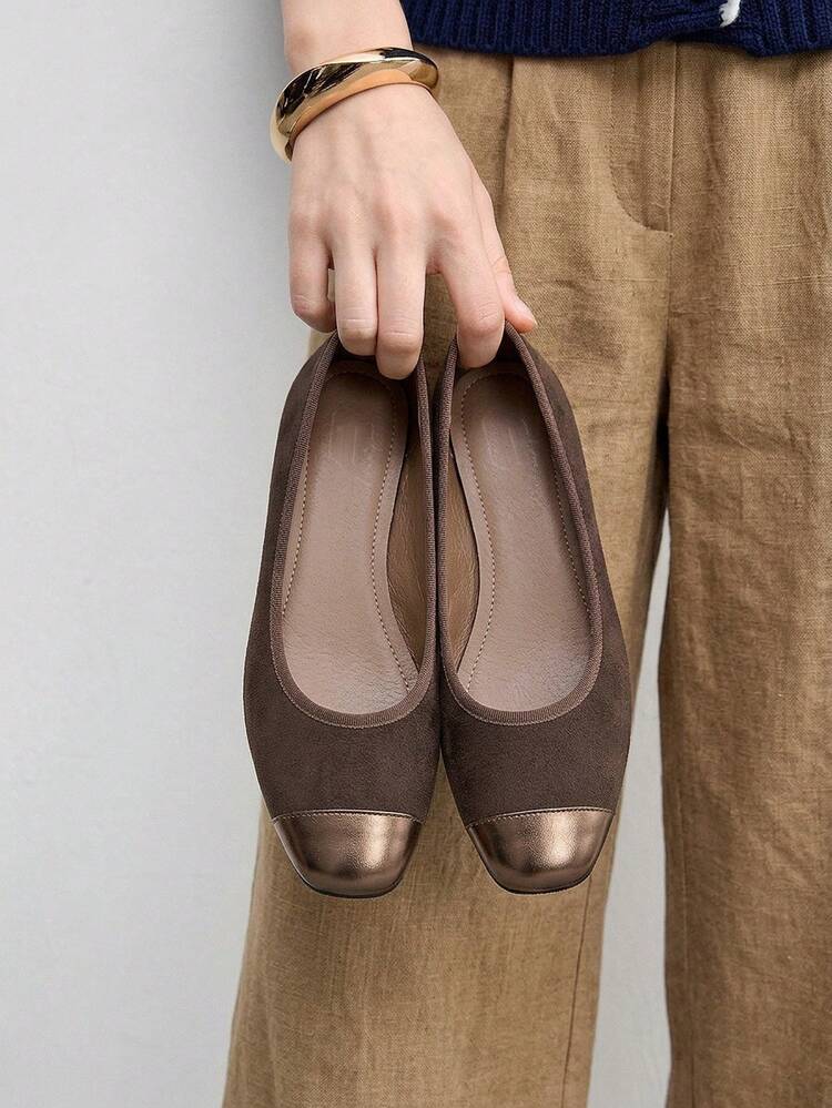 CUCCOO BIZCHIC Women Shoes Spring And Autumn Splicing Square Toe Flat Bottom, Simple Suede Shoes Commuting Shopping