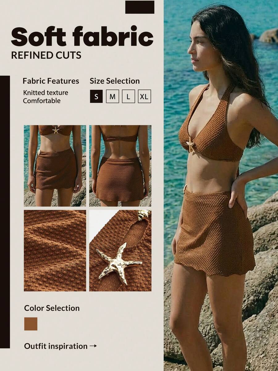 Maija Women's Plain Brown Knitted Crop Cover Up,Brown Skirt  , Summer Holiday Outfits,Festival Outfits For Women,Beach Cover-Up Women - Brown - View 1