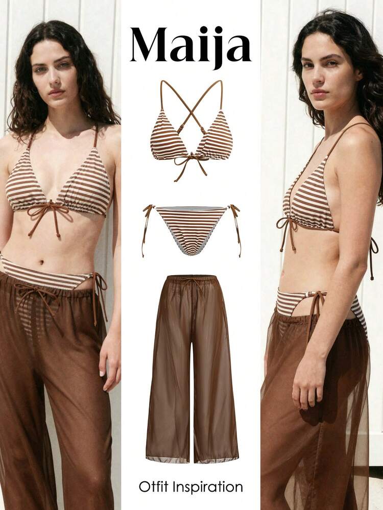 SHEIN Maija Women's Striped Bikini Set For Beach Vacation,Vacation Outfits Women,Summer Holiday Outfits ,Beach Vacation Outfits For Women Festival Boho Western Beach Vacation Outfits For Women