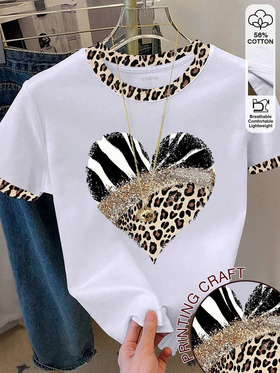 Resyla Women's Casual Round Neck Short Sleeve T-Shirt With Heart And Leopard Print - White - View 1
