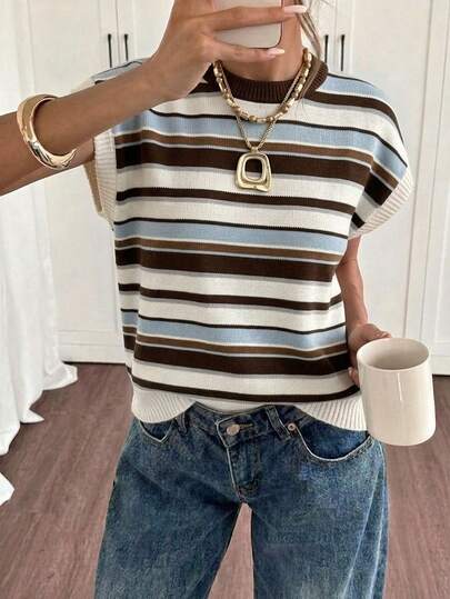 Siren Gaze Women's Casual Classic Elegant Minimalist Mediterranean Apricot With Blue & Brown Sporty Lightweight Color Block Sweater - Spring/Summer Old Money Soft Girl Vintage Style, Perfect For Work, Vacation,